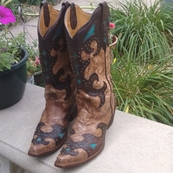 CORRAL AB019 "El Paso" leather snip toe cowgirl boot tan/brown/turquoise sz 9.5 - Picture 9 of 14